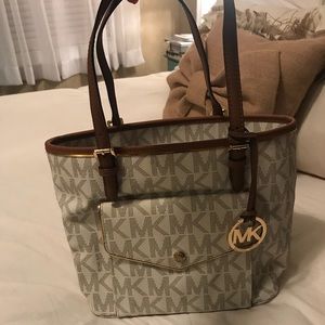 Signature White MK Pocket Tote- Michael Kors